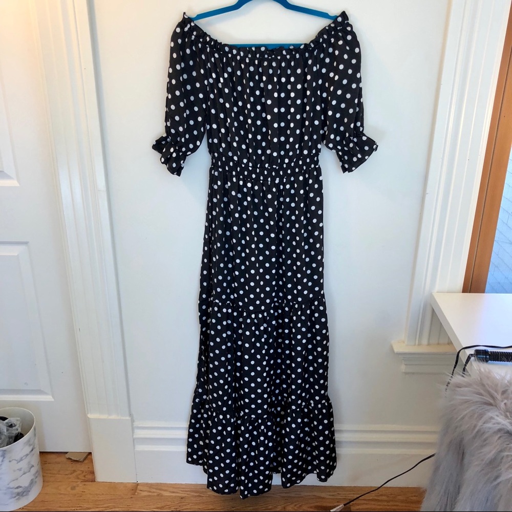 Black Polka Dot Off the Shoulder Maxi Dress